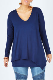 Model Laura wearing size 12 of the Belle V Neck Forgiver Tunic in colour Navy (Blue), from the front, cropped image