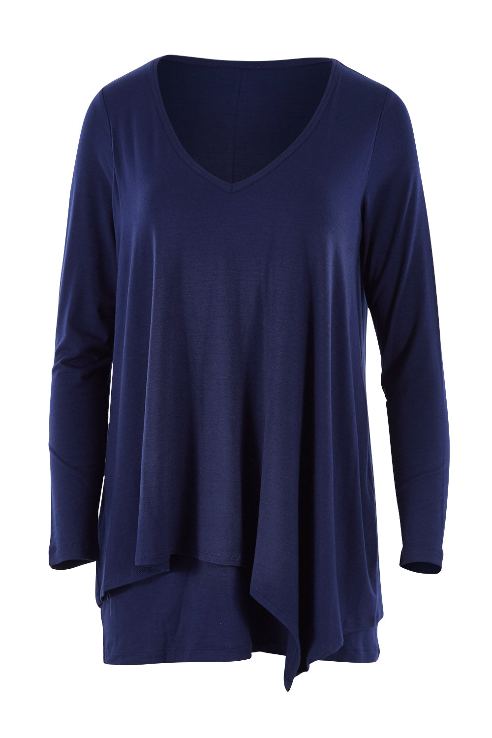 Product shot of the Belle V Neck Forgiver Tunic in colour Navy (Blue), from the front