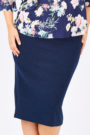 Model Jess wearing size 14 of the Belle Textured Pencil Skirt in colour Navy (Blue), from the front, cropped image
