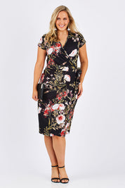 Model Jess wearing size 12 of the Belle Orange Blossom Wrap Dress in colour BlosPrint, from the front, showing the whole outfit