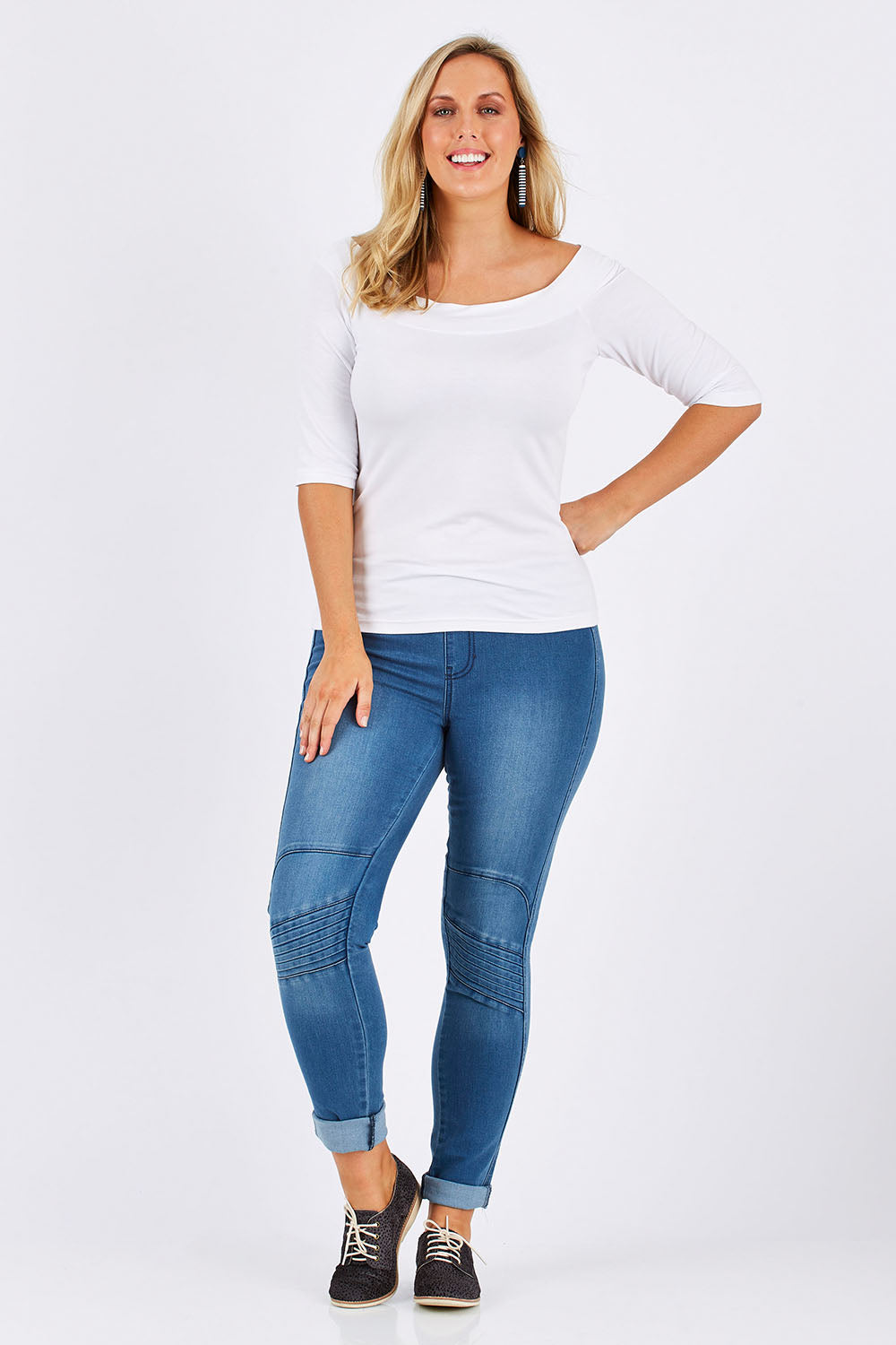 Model Jess wearing size 12 of the Belle Half Sleeve Boat Tee in colour White (White), from the front, showing the whole outfit