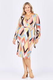 Model Ljubenka wearing size 16 of the Belle Pastel Geometric Wrap Dress in colour Pastel, from the front, showing the whole outfit
