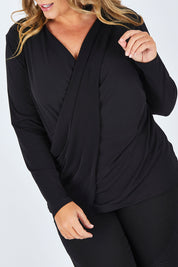 Model Fiona wearing size 16 of the Belle Drape Tee in colour Black (Black), from the front, cropped image