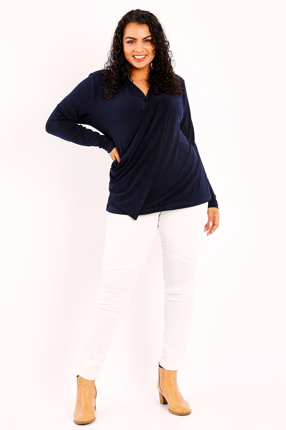 Model Sasha-Lee wearing size 16 of the Belle Drape Tee in colour Navy (Blue), from the front, showing the whole outfit