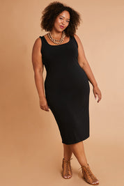 Model Alexis wearing size 16 of the Belle Basic Slip Dress in colour Black (Black), from the front, showing the whole outfit