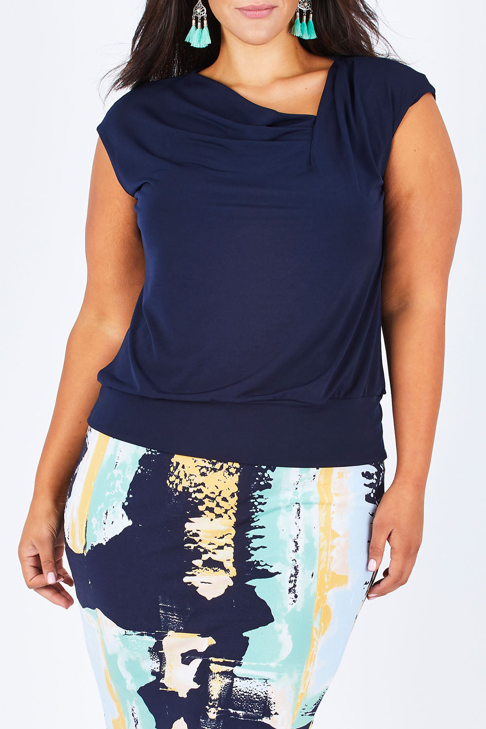 Model Lauren wearing size 16 of the Belle Knit Square Neck Top in colour Navy (Blue), from the front, cropped image