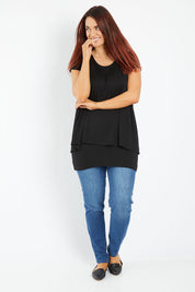Model Laura wearing size 12 of the Belle New Cap Sleeve Forgiver Tee in colour Black (Black), from the front, showing the whole outfit