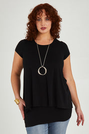 Model Maddy wearing size 16 of the Belle New Cap Sleeve Forgiver Tee in colour Black (Black), from the front, cropped image