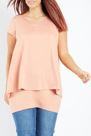 Model Laura wearing size 12 of the Belle New Cap Sleeve Forgiver Tee in colour Mutedclay, from the front, cropped image