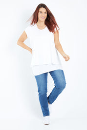 Model Laura wearing size 12 of the Belle New Cap Sleeve Forgiver Tee in colour Vanilla (White), from the front, showing the whole outfit