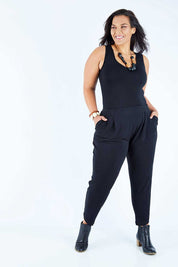 Model Lauren wearing size 16 of the Belle Taper Pant in colour Black (Black), from the front, showing the whole outfit