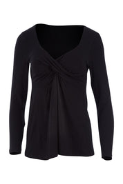 Product shot of the Belle Long Sleeve Cross Front Tee in colour Black (Black), from the front