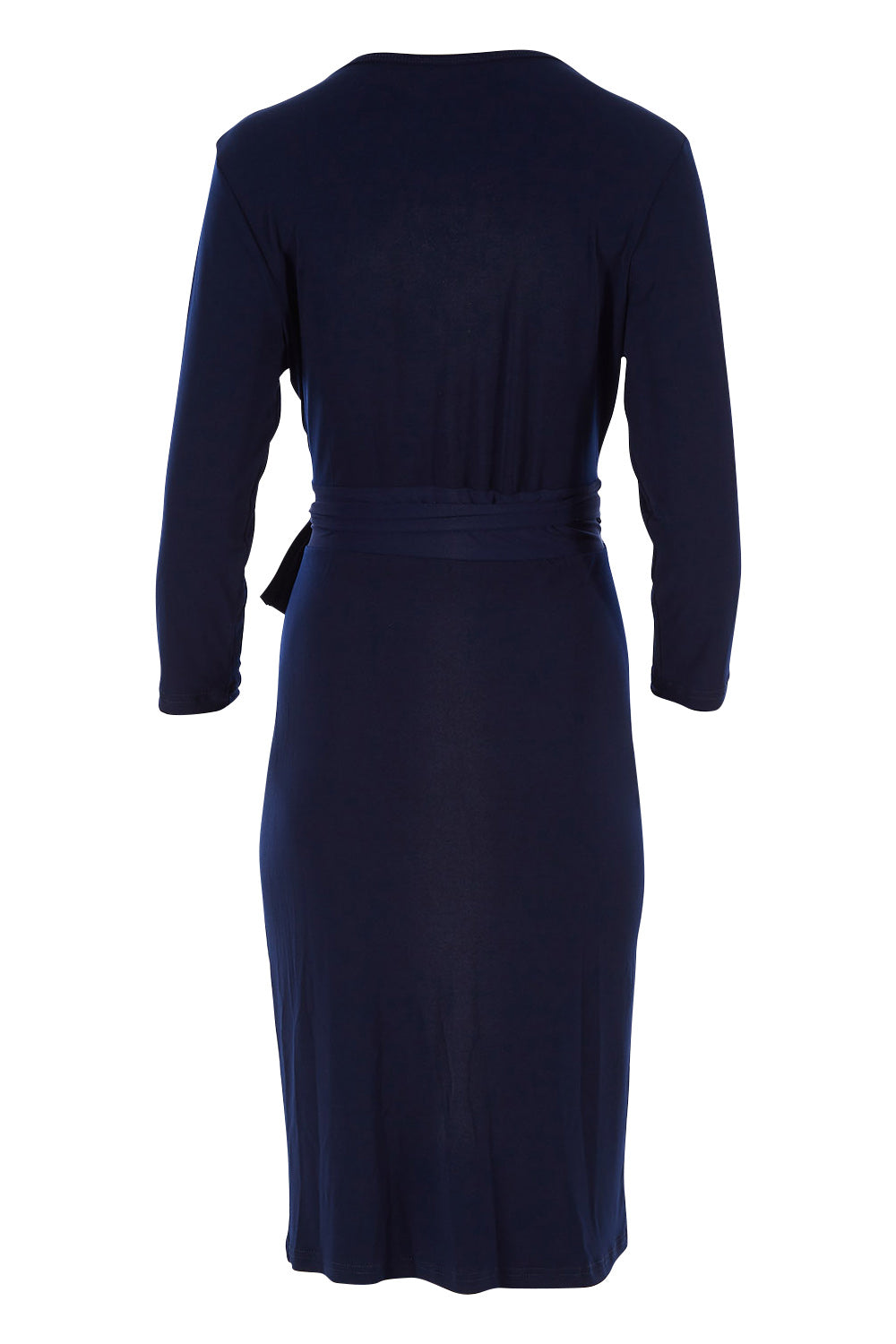 Product shot of the Belle Basic Wrap Dress in colour Navy (Blue), from the back