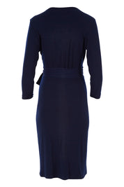 Product shot of the Belle Basic Wrap Dress in colour Navy (Blue), from the back