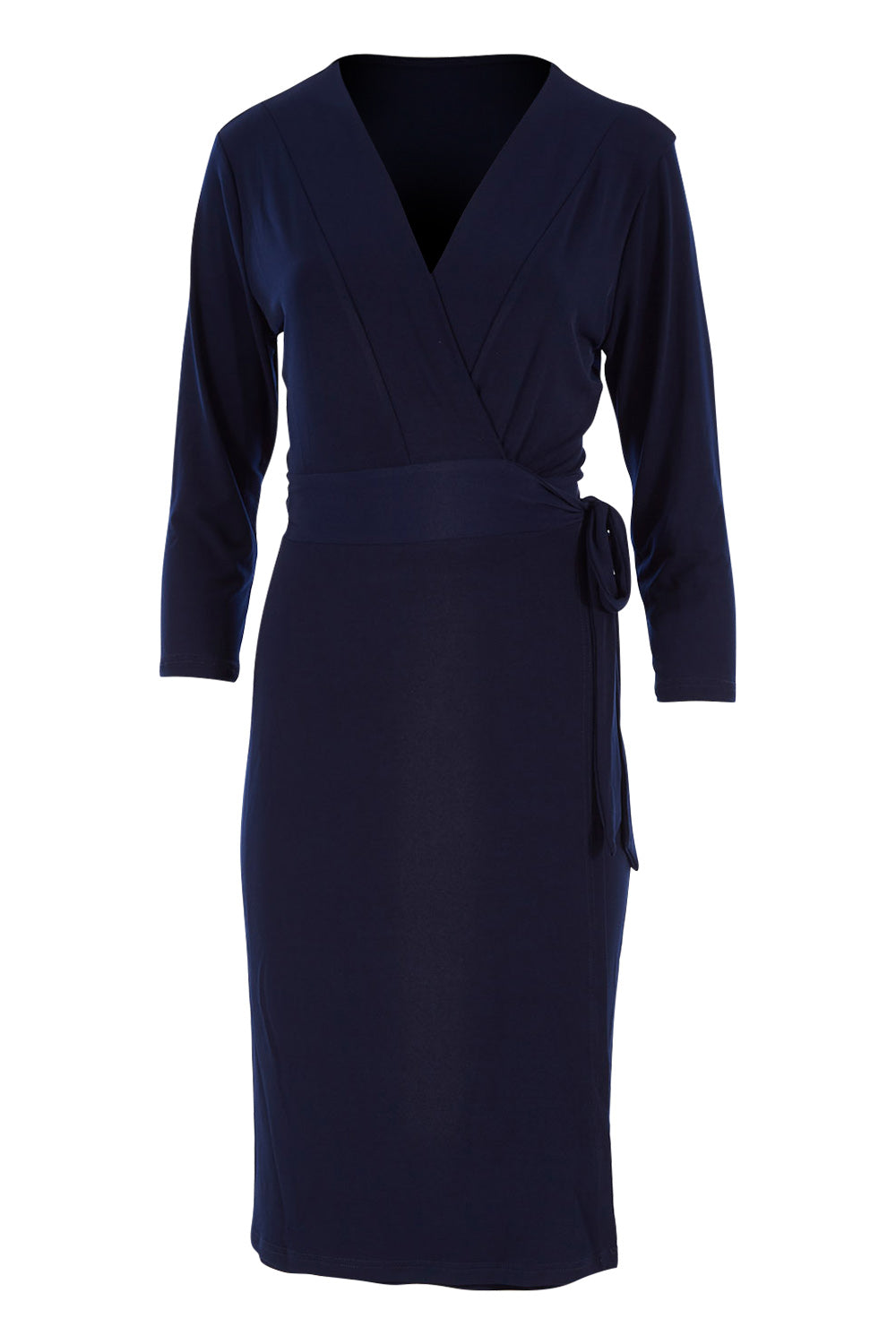 Product shot of the Belle Basic Wrap Dress in colour Navy (Blue), from the front