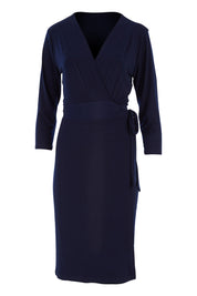 Product shot of the Belle Basic Wrap Dress in colour Navy (Blue), from the front
