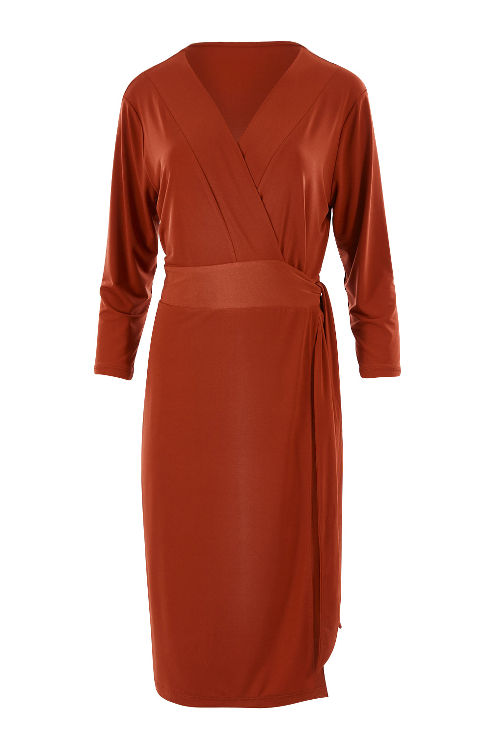 Product shot of the Belle Basic Wrap Dress in colour Rust, from the front