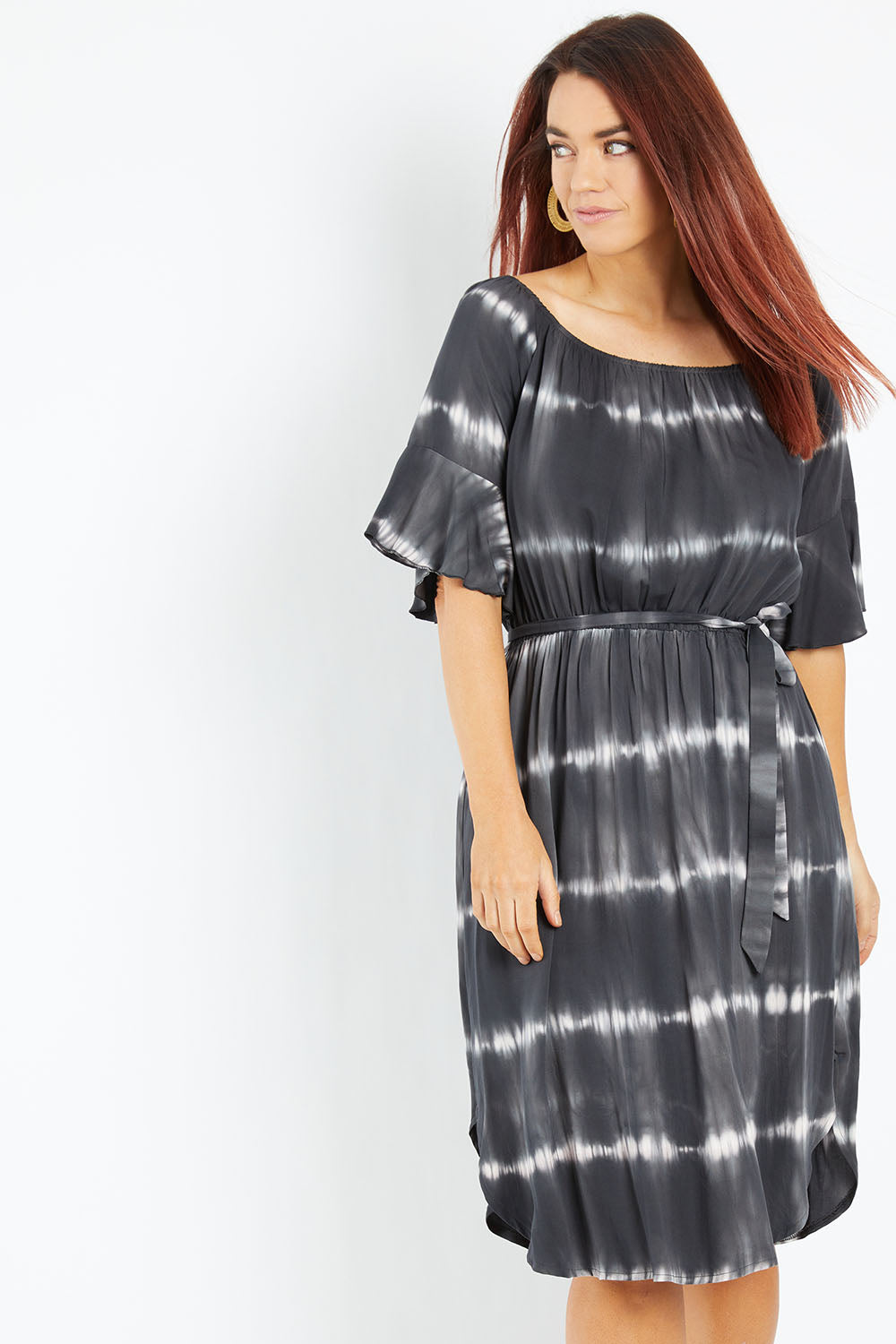 Model Laura wearing size 12 of the Belle Tie Dye Dress in colour Charcoal (Grey), from the front, cropped image
