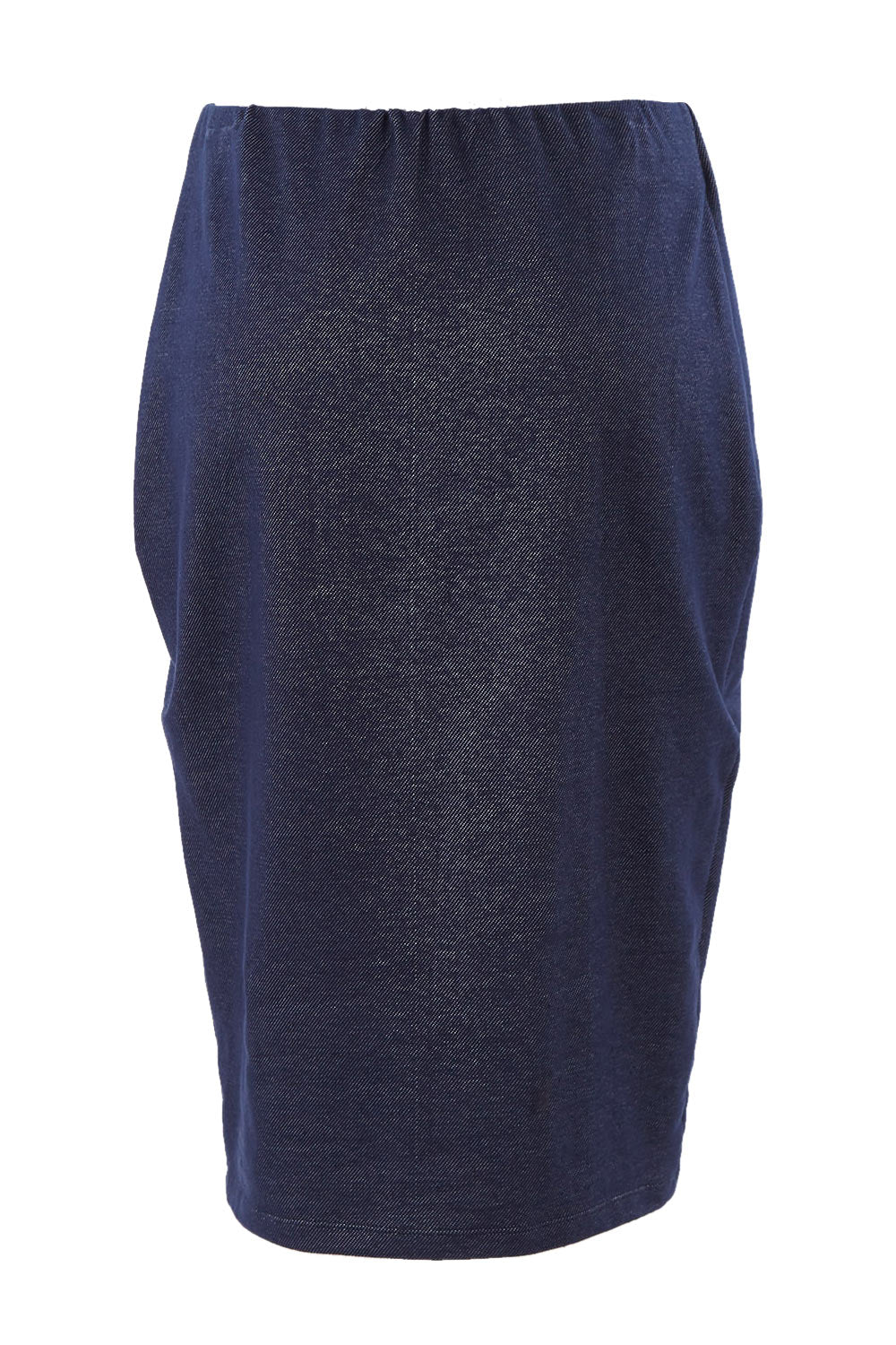 Product shot of the Belle Straight Jersey Denim Skirt in colour Denim (Blue), from the back
