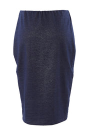 Product shot of the Belle Straight Jersey Denim Skirt in colour Denim (Blue), from the back