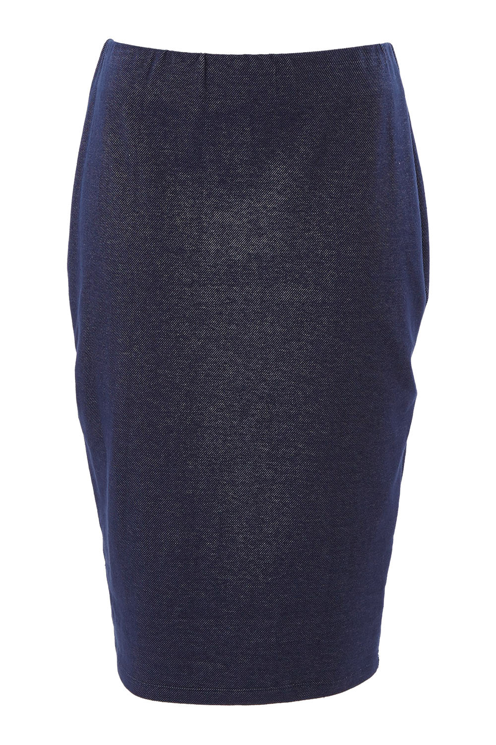 Product shot of the Belle Straight Jersey Denim Skirt in colour Denim (Blue), from the front