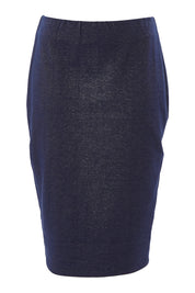 Product shot of the Belle Straight Jersey Denim Skirt in colour Denim (Blue), from the front