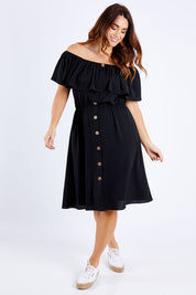 Model Laura wearing size 12 of the Belle Off Shoulder Button Through Dress in colour Black (Black), from the front, showing the whole outfit