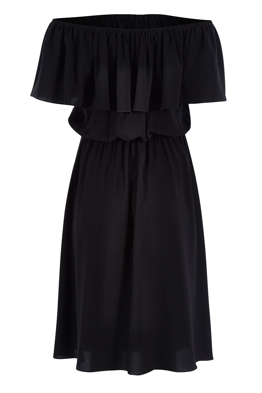 Product shot of the Belle Off Shoulder Button Through Dress in colour Black (Black), from the back