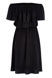 Product shot of the Belle Off Shoulder Button Through Dress in colour Black (Black), from the back