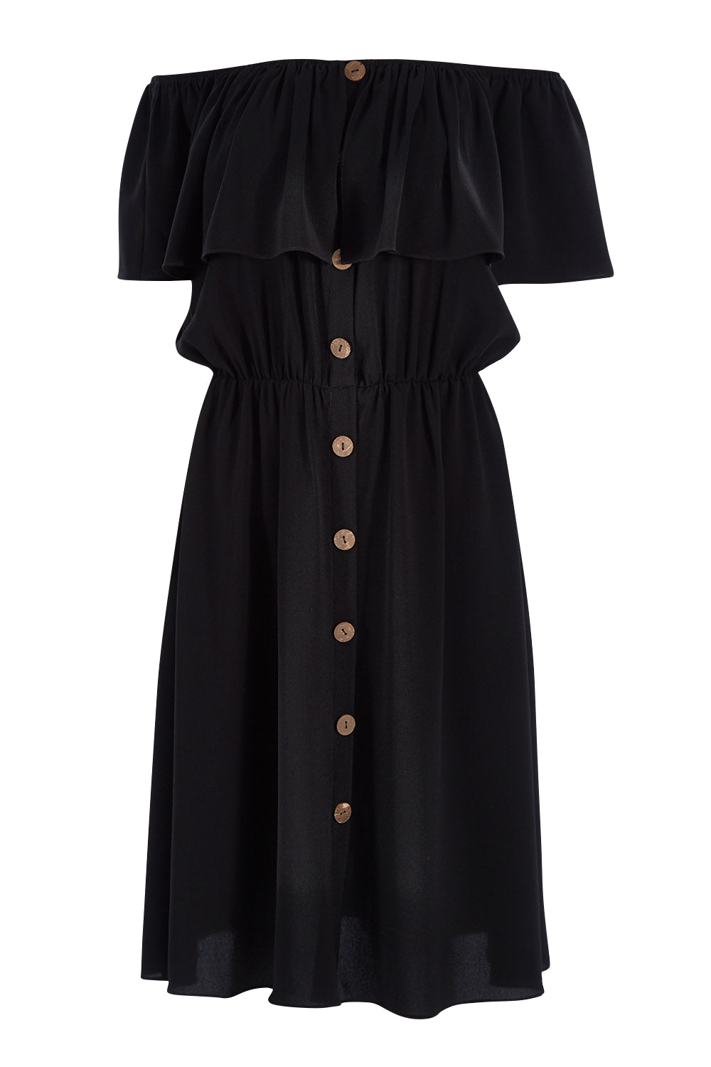 Product shot of the Belle Off Shoulder Button Through Dress in colour Black (Black), from the front