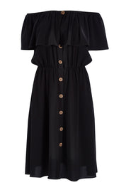 Product shot of the Belle Off Shoulder Button Through Dress in colour Black (Black), from the front