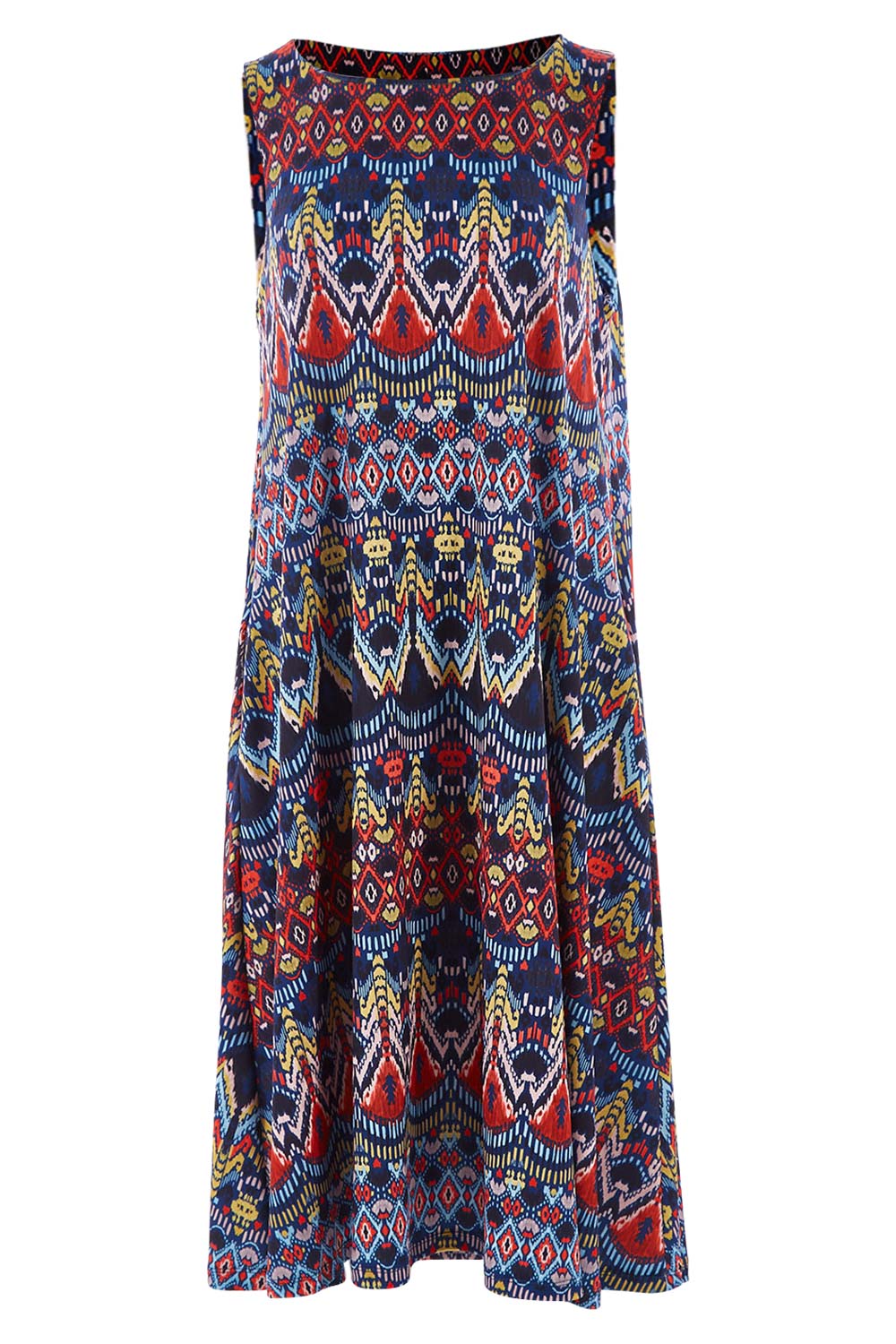 Product shot of the Belle Aztec Trapeze Dress in colour Aztec (Red), from the front