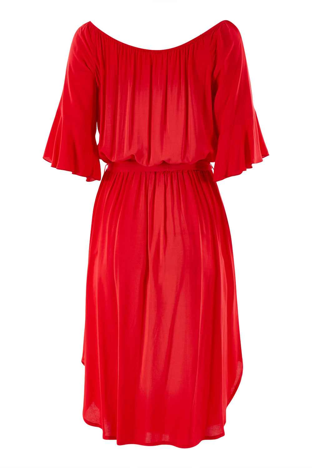 Product shot of the Belle Waist Tie Dress in colour Red (Red), from the back