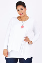 Model Shareefa wearing size 18 of the Belle Forgiver Tunic in colour White (White), from the front, cropped image