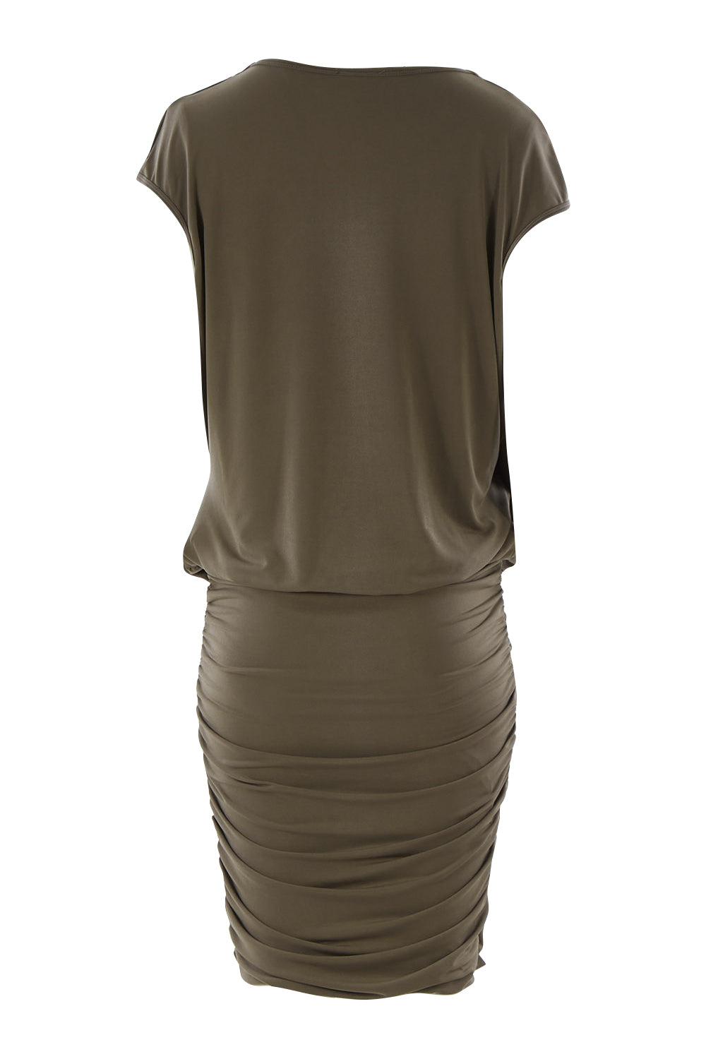 Product shot of the Belle V Drape Dress in colour Khaki (Green), from the back
