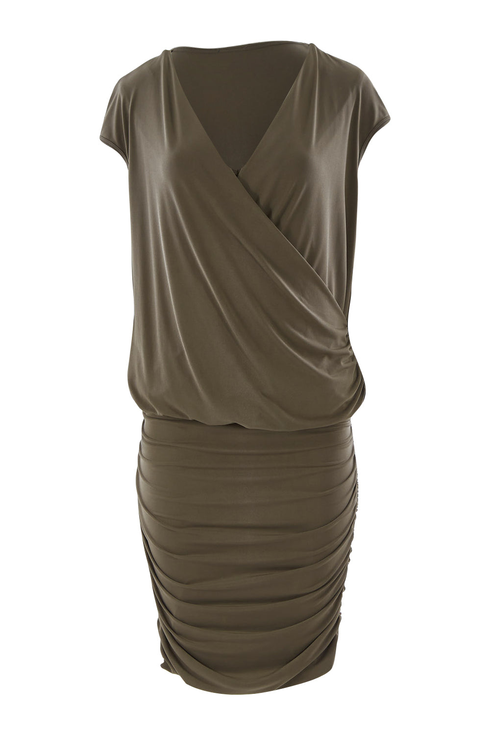 Product shot of the Belle V Drape Dress in colour Khaki (Green), from the front