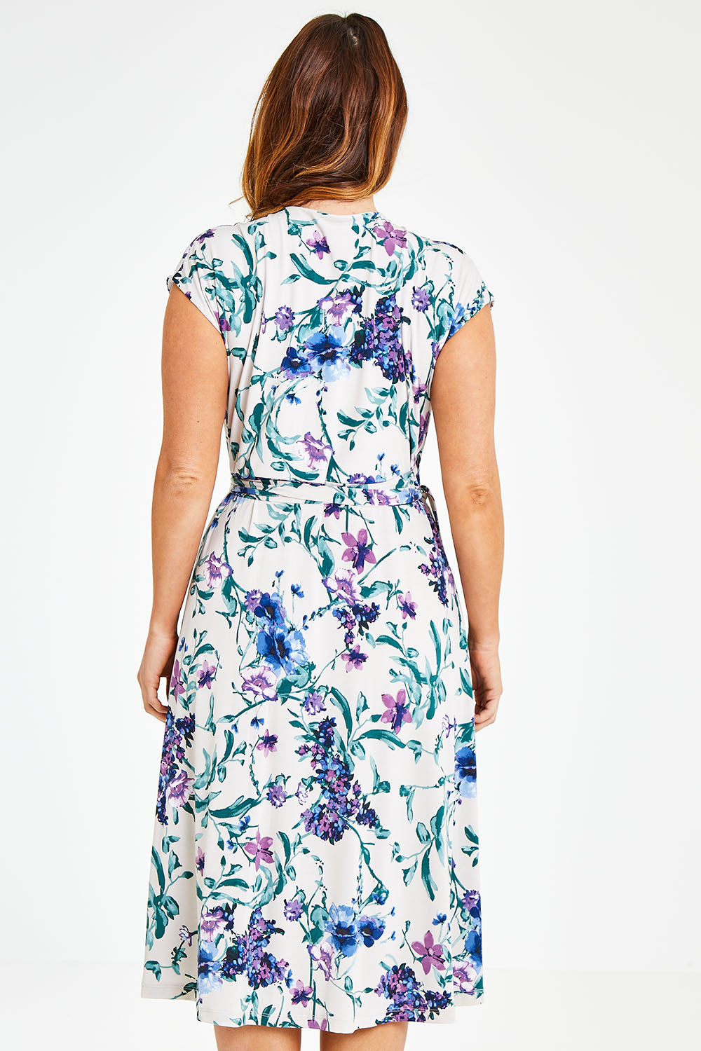 Model Laura wearing size 12 of the Belle Lavender Floral Wrap Dress in colour Lavender (Purple), from the back