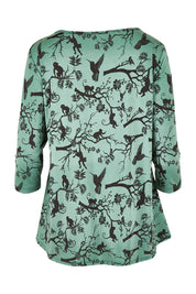 Product shot of the Belle Bird Printed Top in colour Bird (Green), from the back