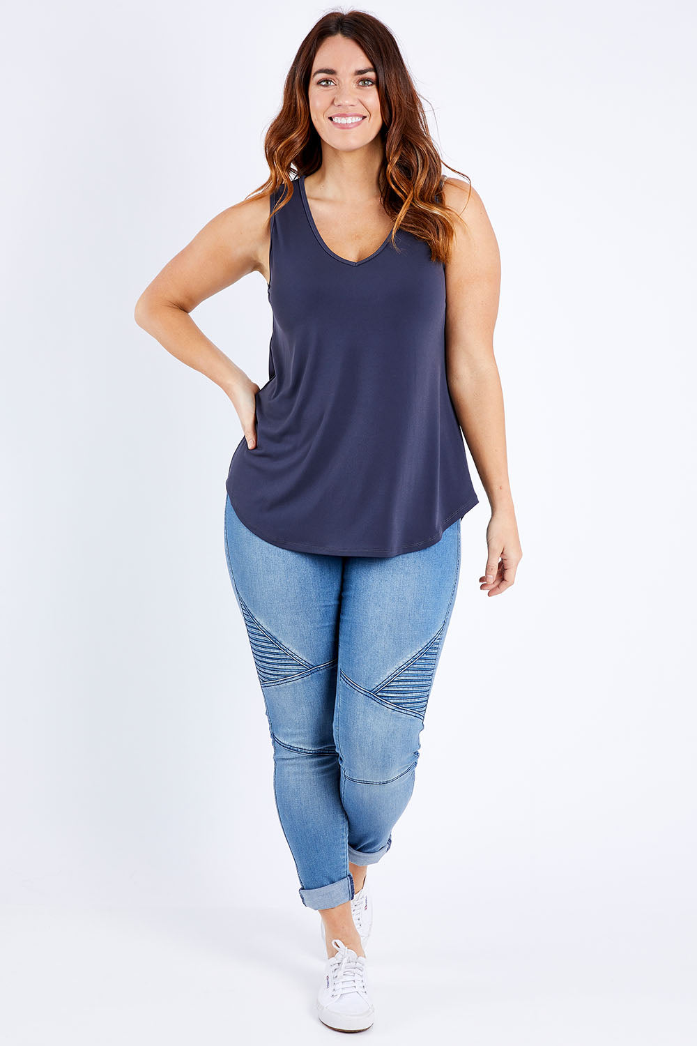 Model Laura wearing size 12 of the Belle Essential V Neck Cami in colour Charcoal (Grey), from the front, showing the whole outfit