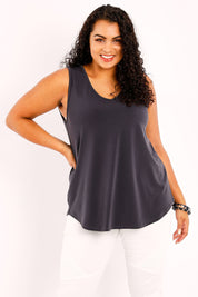 Model Sasha-Lee wearing size 16 of the Belle Essential V Neck Cami in colour Charcoal (Grey), from the front, cropped image