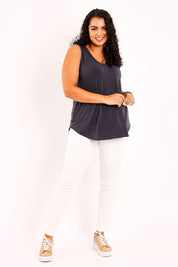 Model Sasha-Lee wearing size 16 of the Belle Essential V Neck Cami in colour Charcoal (Grey), from the front, showing the whole outfit