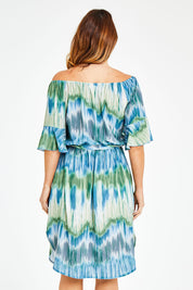 Model Laura wearing size 12 of the Belle Tie Dye Dress in colour Tiedye (Blue), from the back