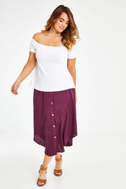 Model Laura wearing size 12 of the Belle Rib Off The Shoulder Tee in colour White (White), from the front, showing the whole outfit
