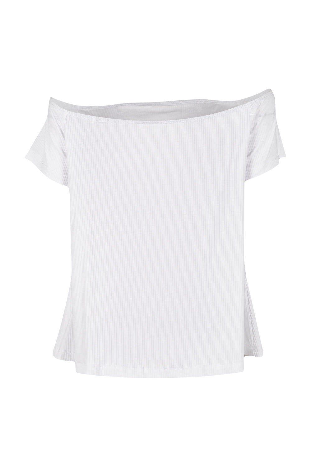 Product shot of the Belle Rib Off The Shoulder Tee in colour White (White), from the back