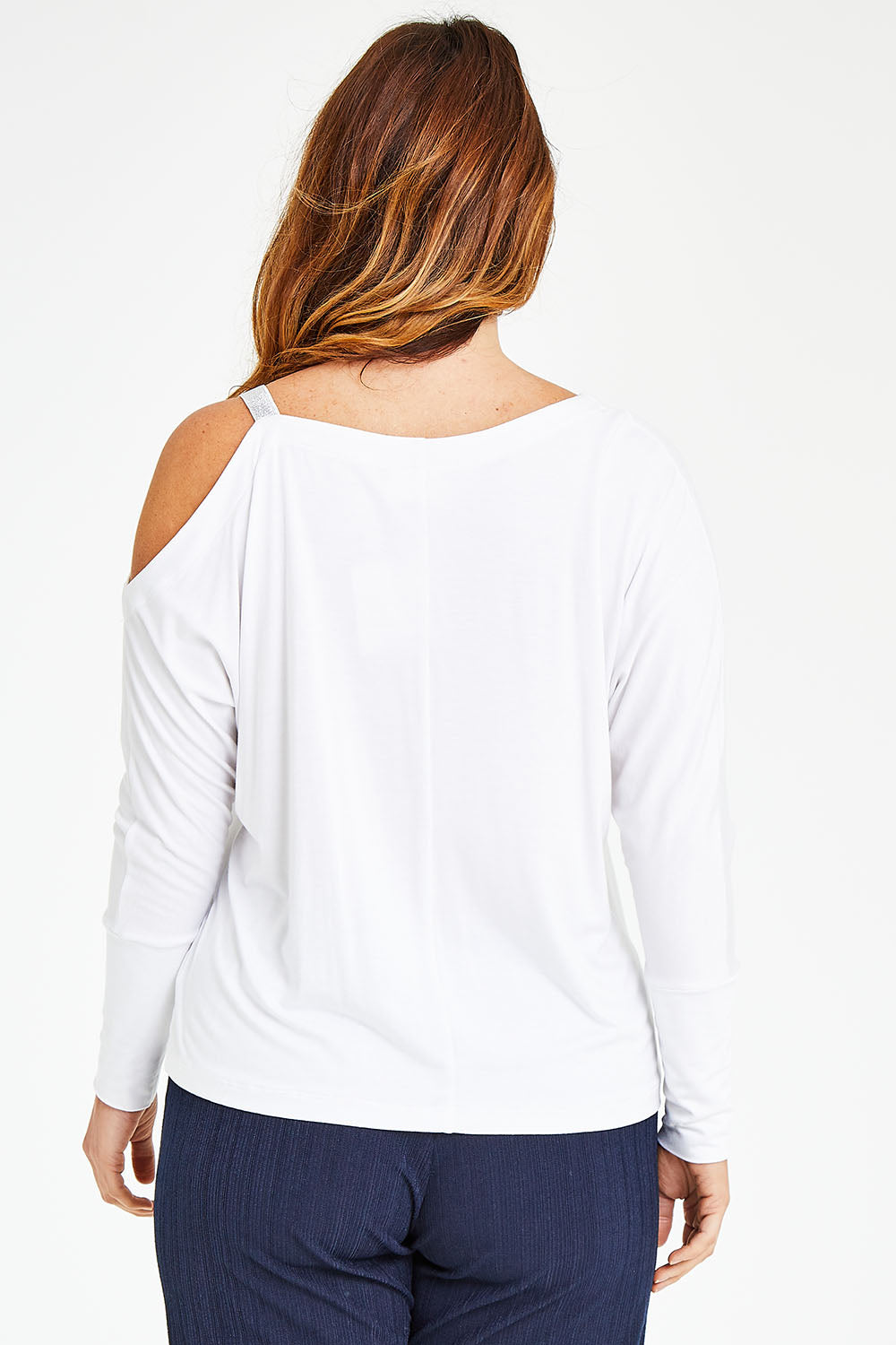 Model Laura wearing size 12 of the Belle Glitter Strap Top in colour White (White), from the back