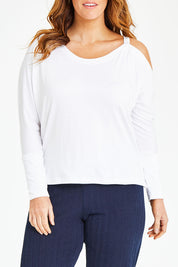 Model Laura wearing size 12 of the Belle Glitter Strap Top in colour White (White), from the front, cropped image