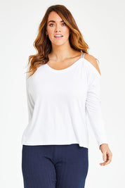Model Laura wearing size 12 of the Belle Glitter Strap Top in colour White (White), from the front, cropped image