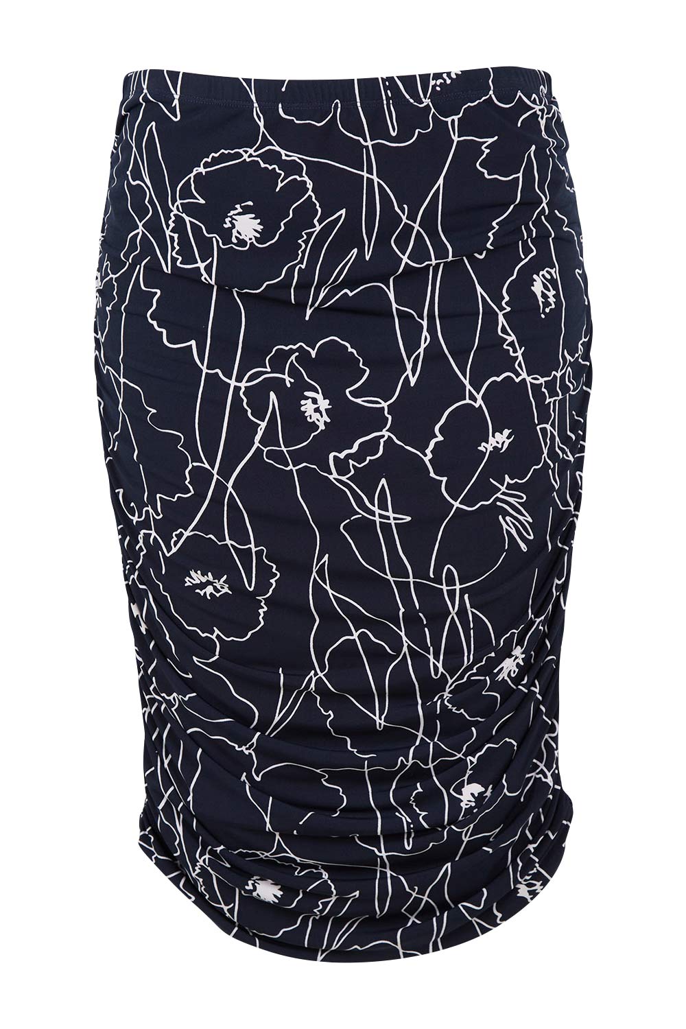 Product shot of the Belle Monoprint Side Gathers Skirt in colour Monoprint (Blue), from the front