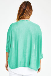 Model Laura wearing size 12 of the Belle Cocoon Sheer Cardi in colour Seagreen (Green), from the back