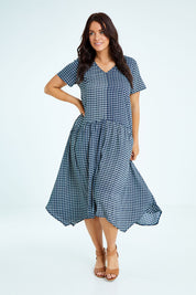 Model Laura wearing size 12 of the Belle Check Maxi Dress in colour Check (Blue), from the front, showing the whole outfit